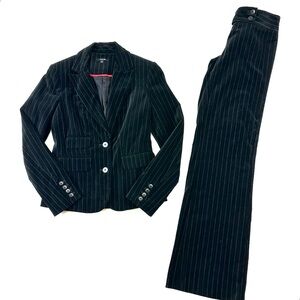 90s Vintage pinstripe velvet pantsuit Small black low rise flare notched collar
